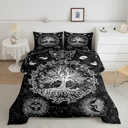 Feelyou Sun and Moon Comforter Bohemian Tree Butterfly Style Bedding Set Psychedelic Hippie Comforter Set for Boys Girls Children Teens Bedroom Decor Galaxy Astrology Duvet Set Full Size