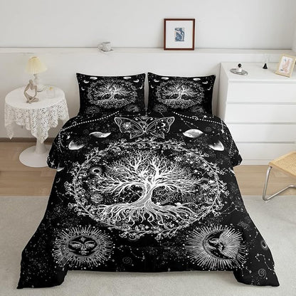 Feelyou Sun and Moon Comforter Bohemian Tree Butterfly Style Bedding Set Psychedelic Hippie Comforter Set for Boys Girls Children Teens Bedroom Decor Galaxy Astrology Duvet Set Queen Size