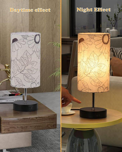 Touch Control Desk Lamp with 2 USB Ports, 3-Way Dimmable Bedside Lamp for Bedroom, Nightstand Lamp with Round Flower Fabric Shade for Living Room, Home Office (secret-double)