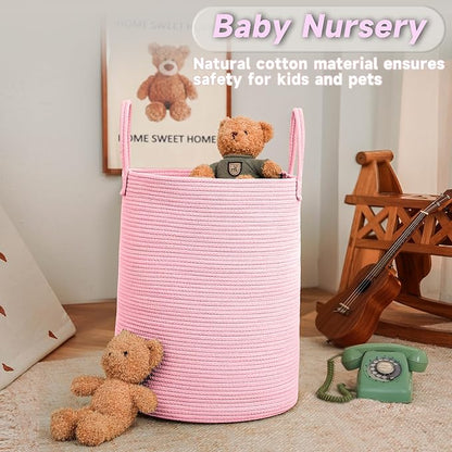 Large Woven Laundry Basket Hamper,80L Cotton Rope Storage Bin for Blankets,Toys and Clothes,Decorative Tall Nursery Hamper for Living Room,Baby Nursery,Bathroom and Bedroom,Pink