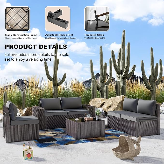 Kullavik 6PCS Outdoor Patio Furniture Set PE Wicker Rattan Sectional Sofa Patio Conversation Sets,Grey