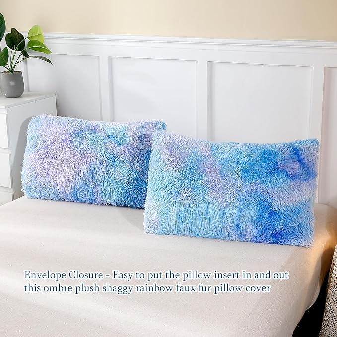 WINLIFE Shaggy Bedding Comforter Set Faux Fur Flannel Furry Comforter Microfiber Plush Comforter Sets Pastel Gradient Ombre Tie Dye MultiColor Bedding for Girls Adults (3Pcs, Queen, Purple Blue)