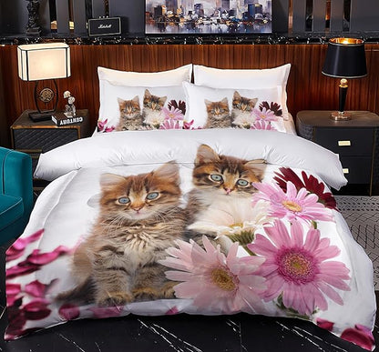 Cat Comforter Set Twin Size for Kids Pink Flowers Cats 3Pcs Bedding Set for boys and Girls (1Summer Comforter+ 2 Pillowcases) Lovely Animal Pets Duvet Set