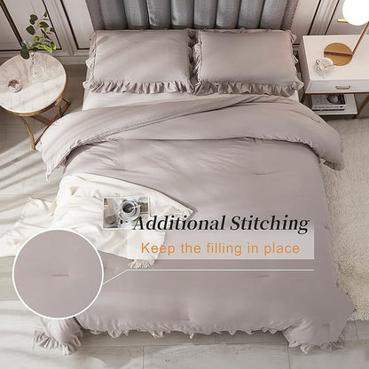 Andency Wheat Ruffle Comforter Queen(90x90Inch), 3 Pieces(1 Ruffled Comforter and 2 Pillowcases) Vintage Ruffle Fringe Comforter, Farmhouse Rustic Microfiber Down Alternative Bedding Comforter Set