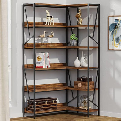 Bookshelf 6 Tier Corner Shelf, 77" Industrial Large Corner Etagere Bookcase, 6-Shelf Tall Corner L Shaped Storage Display Rack for Living Room Home Office