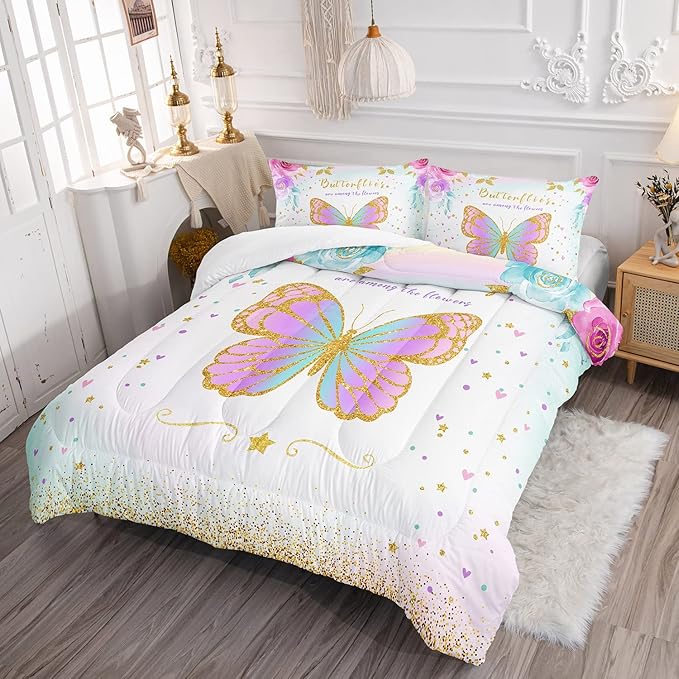 CVHOUSE Butterfly Bedding Set,Butterfly Comforter Twin,Butterfly Comforter Set for Girls Kids Teens,Butterflies Quilt Set with 1 Comforter and 2 Pillow Cases- 3 Piece