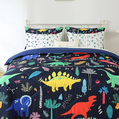 Kids Boys Dinosaur Comforter Set Full Size 7 Piece Bed in a Bag Colorful Dino Bedding Set for Child Teens (1 Comforter, 1 Flat Sheet, 1 Fitted Sheet, 2 Pillow Shams, 2 Pillowcases)