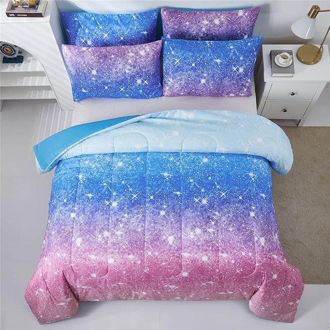 Rainbow Glitter Comforter Set Twin Size for Girls, Sparkle Galaxy Twinkle Starlight Comforter for Kids,2 Piece Aqua Blue Purple Pink Ombre Pastel Bedding Set with 1 Pillow Case(Rainbow,Twin)