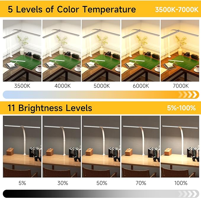 SKYLEO Desk Lamp - Double Head LED Desk Light for Home office - 24W Eye Caring - Touch Control - 5 Color Modes X 11 Brightness Levels - 2400LM - Timmer & Memory Function - White