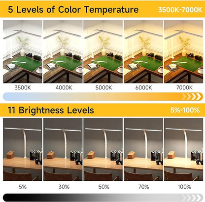 SKYLEO Desk Lamp - Double Head LED Desk Light for Home office - 24W Eye Caring - Touch Control - 5 Color Modes X 11 Brightness Levels - 2400LM - Timmer & Memory Function - White