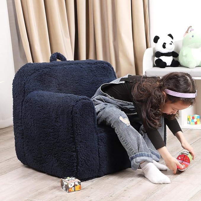 Kids Snuggly-Soft Sherpa Chair, Cuddly Toddler Foam Chair for Boys and Girls, Dark Blue