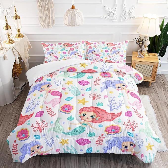 Mermaid Comforter Set Full Size Fairy Tale Sea Shell Grass Bedding Set Starfish Quilt Bed Set for Kid Girls with 1 Comforter and 2 Pillowcases