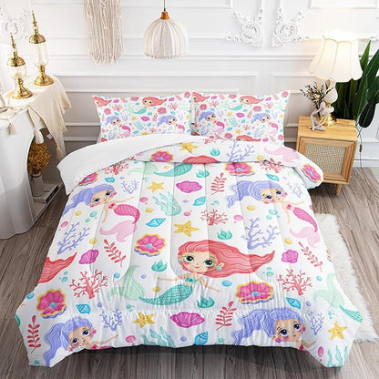 Mermaid Comforter Set Twin Size Fairy Tale Sea Shell Grass Bedding Set Starfish Quilt Bed Set for Kid Girls with 1 Comforter and 2 Pillowcases
