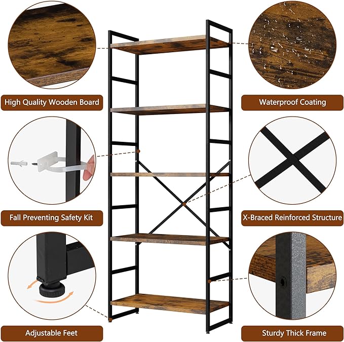 Shintenchi Bookshelf, 5 Tier Bookshelf, Tall Bookcase Shelf for CDs/Movies/Books, Home Office Bookcase Shelf Storage Organizer, Modern Book Shelf for Bedroom/Living Room/Home Office, Rustic Brown