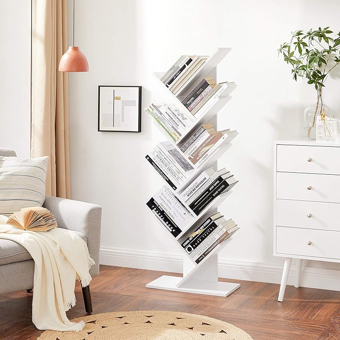 VASAGLE Tree Bookshelf, 9-Tier Bookcase, Large Bookshelf, Space-Saving Corner Shelf, Book Tree, Holds Books, CDs, Games, for Bedroom, Living Room, Home Office, Cloud White ULBC11WTV1