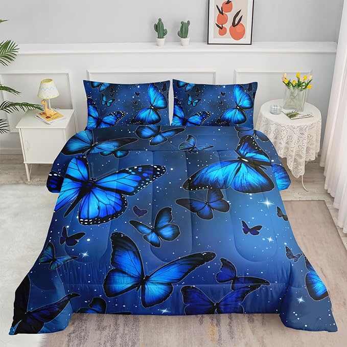 Datura home Blue Butterfly Comforter Set for Girls Women,Bright Blue Butterflies in Blue Sky with Stars Printed Bedding Set with 2 Pillowcases(Butterfly Blue Twin)
