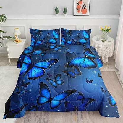 Datura home Blue Butterfly Comforter Set for Girls Women,Bright Blue Butterflies in Blue Sky with Stars Printed Bedding Set with 2 Pillowcases(Butterfly Blue Queen)