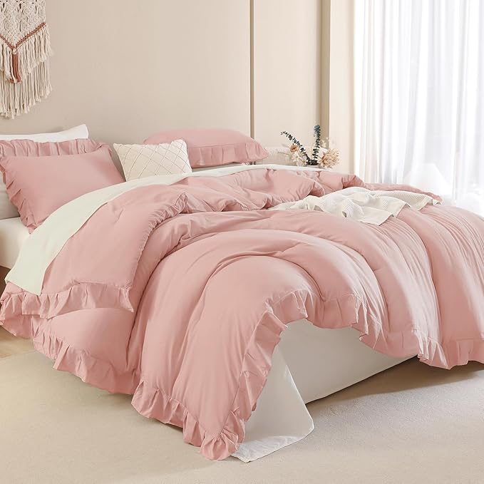 Andency Blush Pink Ruffle Comforter Full, 3 Pieces Rustic Farmhouse Shabby Chic Comforter Set, Vintage Lightweight Soft Microfiber Down Alternative Bedding Comforter Set