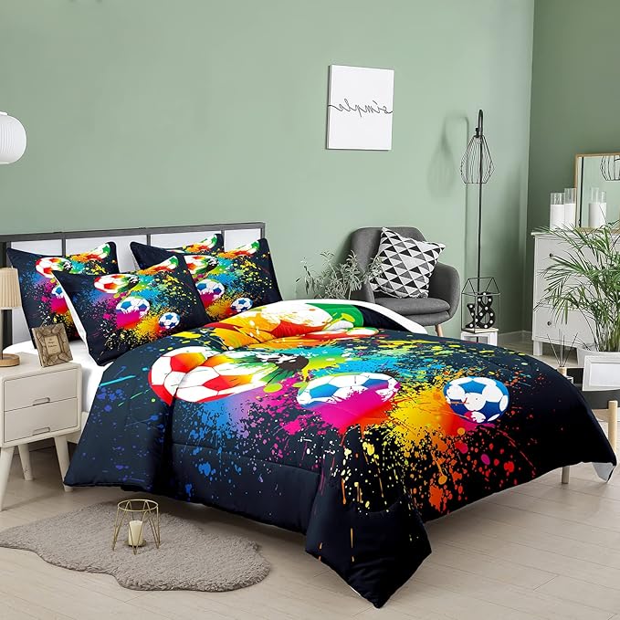 Bodhi Boys Sports Bedding Set Twin Size,Rainbow Graffiti Soccer Comforter Set Twin,Football Comforter Set for Boys,Kids,Teens with Matching Pillowcases,Teen Kids Comforter Set Twin