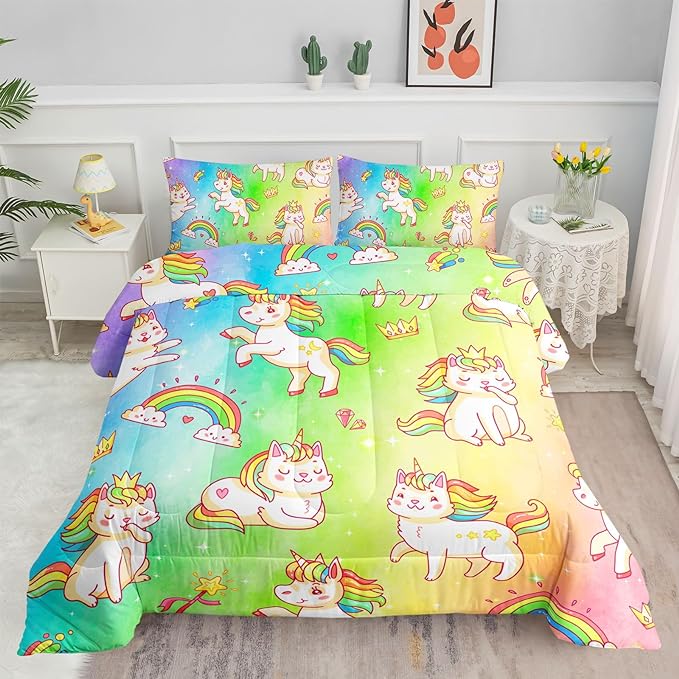 Datura home Kids Unicorn Comforter Set for Girls Boys,Kawaii Rainbow Unicorn Printed Pattern Rainbow Kawaii Bedding Set with 2 Pillowcases(Rainbow Unicorn Full)