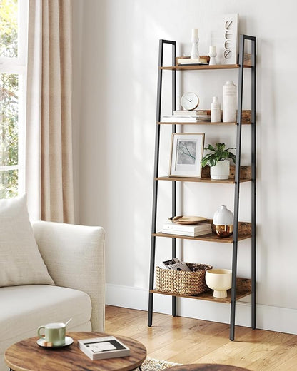 VASAGLE Bookshelf, 5-Tier Narrow Bookcase, Ladder Shelf for Home Office, Living Room, Bedroom, Kitchen, Rustic Brown and Ink Black ULLS067B01