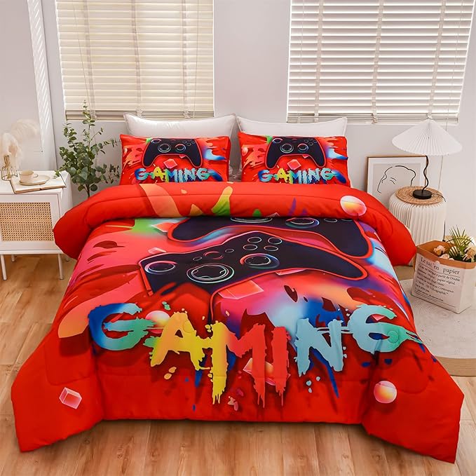 Aimuan Gaming Comforter Sets for Boys Kids Bedding Sets Video Games Console Action Buttons Novelty Colorful Game Gamepad Controller Modern Gamer Room Decor Home Quilt Set (Twin, Red)