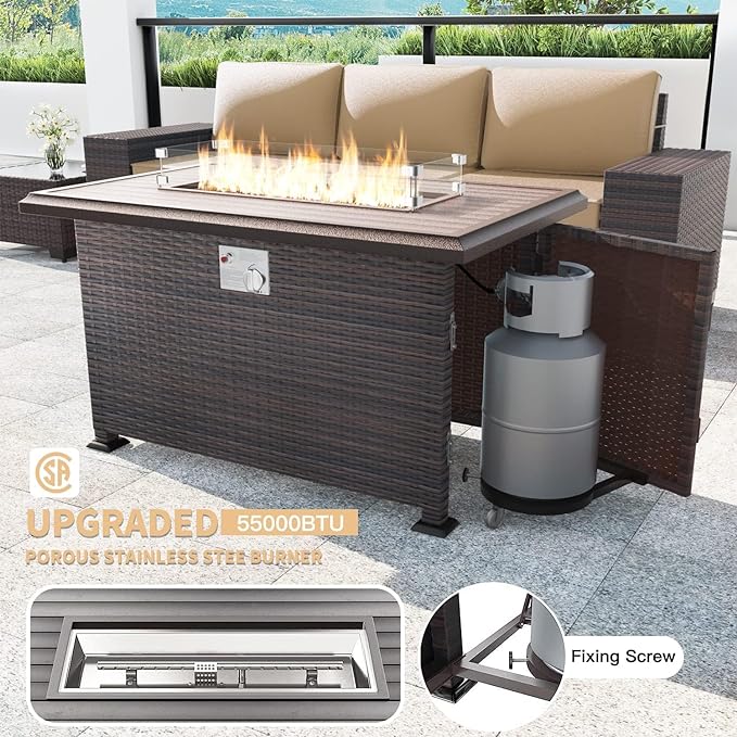 Kullavik 13 Pieces Outdoor Patio Furniture Set with 43" 55000BTU Gas Propane Fire Pit Table PE Wicker Rattan Sectional Sofa Patio Conversation Sets,Sand