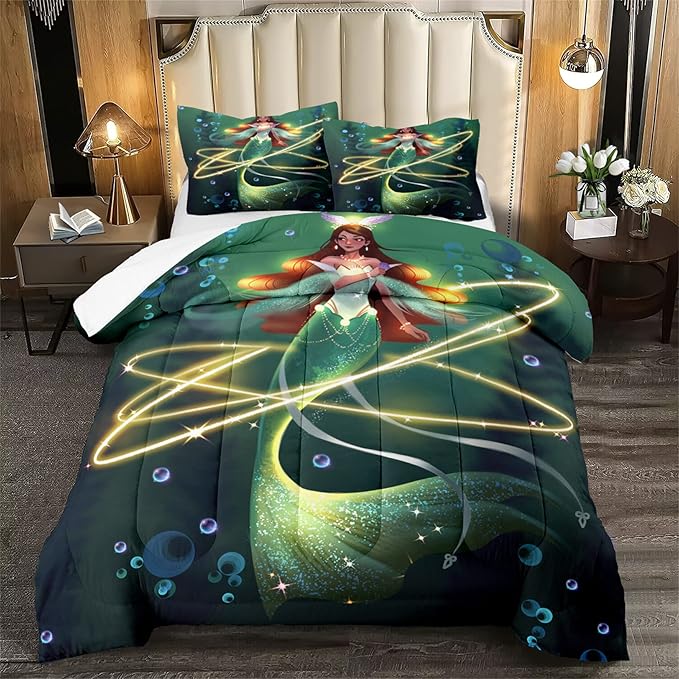 Mermaid Comforter Set for Girls Queen Size Deep Sea Magic Mermaid Bedding Sets for Girls Ultra Soft Mermaid Bedroom Decor with 1 Mermaid Quilt and 2 Pillowcases for Girls Bedroom Set All Season