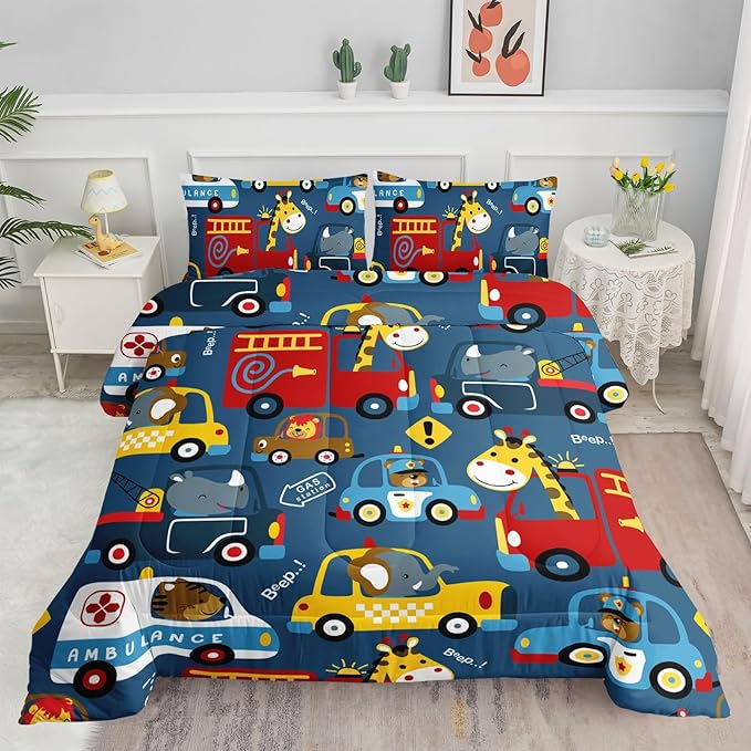 Datura home Kids Cartoon Car Comforter Set for Boys Kids Children,Transportation Car Police Car Kawaii Animals Printed Bedding Set with 1 Comforter and 2 Pillowcases(Cartoon Car Full)