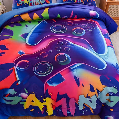 Aimuan Gaming Comforter Sets for Boys Kids Bedding Sets Video Games Console Action Buttons Novelty Colorful Game Gamepad Controller Modern Gamer Room Decor Home Quilt Set (Full, Purple)