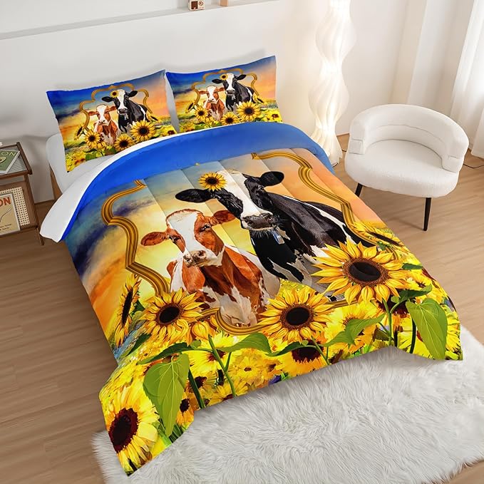 HOSIMA Animal Theme Bedding Set Bull and Cow Comforter with 2 Pillowcases,Sunflower Twin Bed in a Bag Sets for Adults Teens Kids,Brown Cowhide Black White Cow Print Western Bedding Sets.