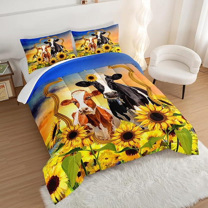 HOSIMA Animal Theme Bedding Set Bull and Cow Comforter with 2 Pillowcases,Sunflower Twin Bed in a Bag Sets for Adults Teens Kids,Brown Cowhide Black White Cow Print Western Bedding Sets.