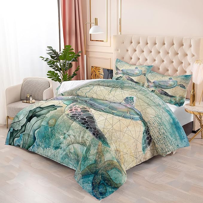 CVHOUSE Sea Turtle Comforter Set,Ocean Sea Turtle Bedding Set for Kids Teens,Ocean Sea Turtle Comforter Sea Turtle Duvet Set Room Decor Quilt Set Full Size