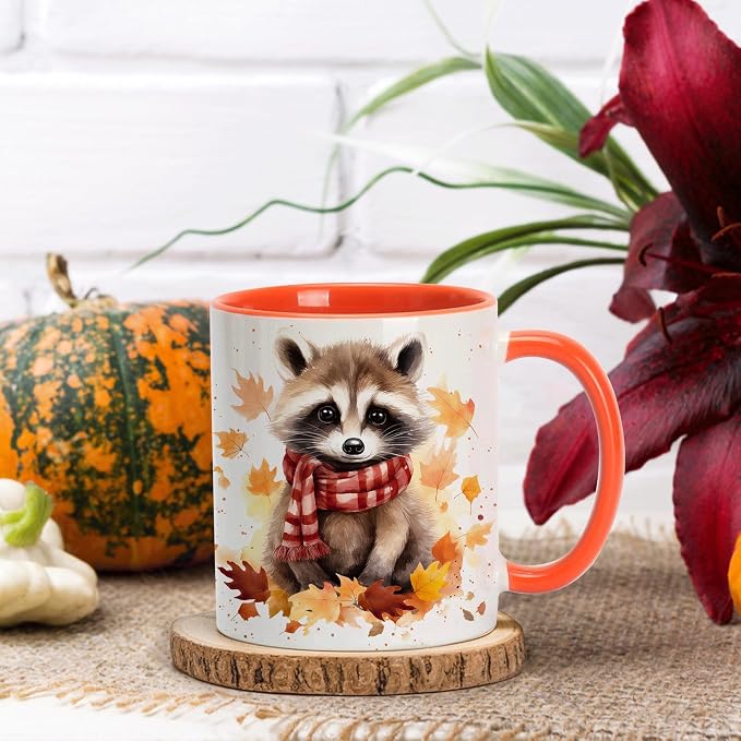 Hyturtle Fall Raccoon Mug, Autumn Birthday Gifts For Raccoon Lovers | Autumn Thanksgiving Decor, Raccoon Gifts For Women, Durable 11oz ceramic mug, Vivid double-sided print, Comfort grip handle