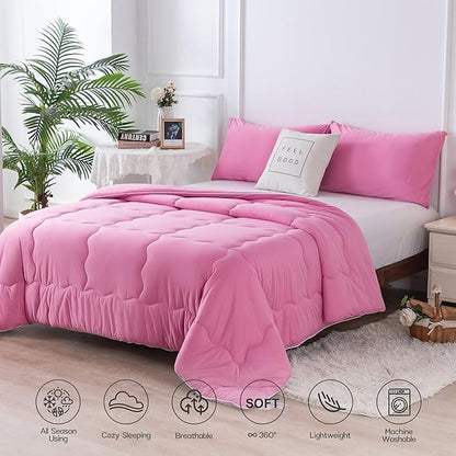 COTTEBED Softness Comforter Set KING Size Bed, Jersey Knit T-Shirt Feel Ultra-Soft Breathable Comy Cozy Lightweight Bedding Down Blanket Pillowsham Women Girl All Season, California/Cal King Rose Pink