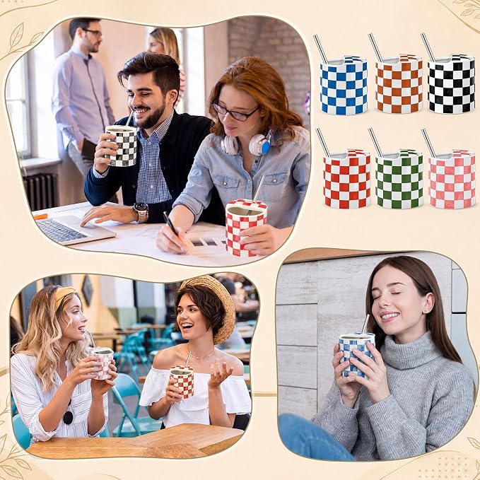 6 Pack Checkered Ceramic Coffee Mug with Sip Hole 10 oz Espresso Cup with Straws Retro Hand Painted Checkered Porcelain Coffee Tea Cup Cappuccino Latte Mug for Kitchen Dining Travel