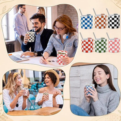6 Pack Checkered Ceramic Coffee Mug with Sip Hole 10 oz Espresso Cup with Straws Retro Hand Painted Checkered Porcelain Coffee Tea Cup Cappuccino Latte Mug for Kitchen Dining Travel
