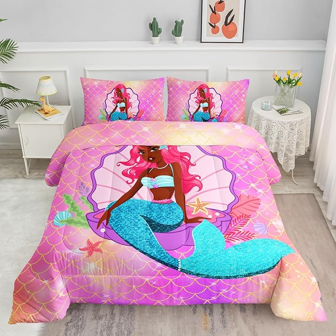 Datura home Bedding Comforter Set Black Girl Magic Mermaid Printed Pattern Quilt with 1 and 2 Pillowcases for Girls Bedroom All Season(Black Pink Twin) Twin 68x86inches