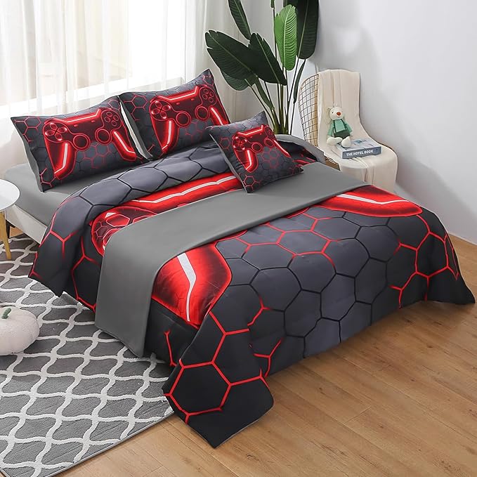 JQinHome Full Gamer Comforter Set for Boys Girls Kids,6 Piece Bed in A Bag 3D Video Game Bedding -All Season Soft Microfiber Down Alternative Comforter Gamer Bedding Sets with Sheets （Red）