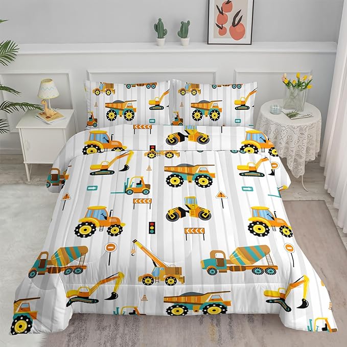 Axolotl Yellow Excavator Comforter Set Queen Size,Cartoon Excavator Bedding Set,Kids Machinery Truck Comforte Set,White Stripe Bedding Vehicle Car Decor for Kids Boys Teens,1 Quilt 2 Pillowcases