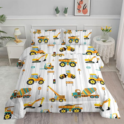 Axolotl Yellow Excavator Comforter Set Queen Size,Cartoon Excavator Bedding Set,Kids Machinery Truck Comforte Set,White Stripe Bedding Vehicle Car Decor for Kids Boys Teens,1 Quilt 2 Pillowcases