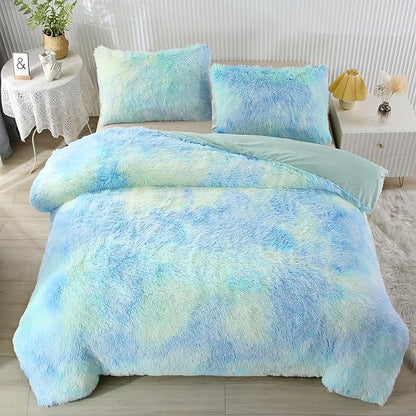 WINLIFE Shaggy Bedding Comforter Set Faux Fur Flannel Furry Comforter Microfiber Long Hair Fluffy Plush Comforter Sets Gradient Ombre Blue Aqua Teal Bedding for Girls Adults (3Pcs, Twin, Mint Green)