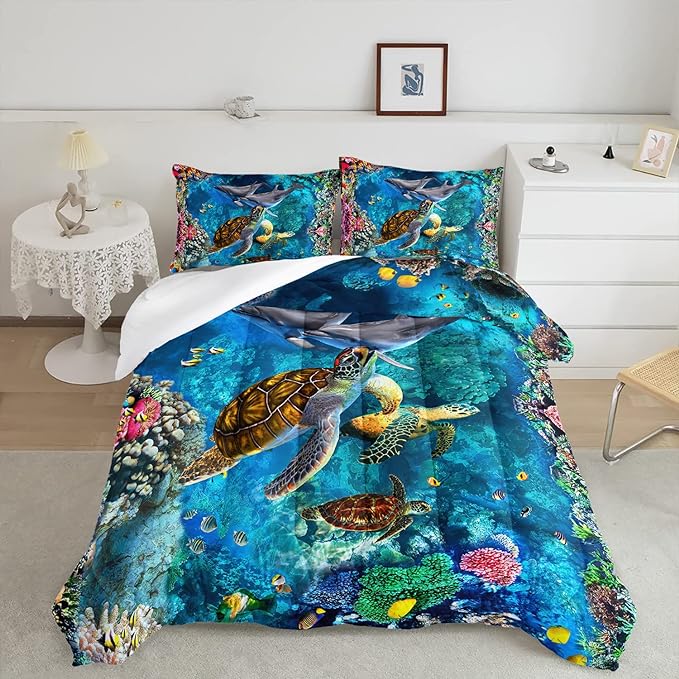 CVHOUSE Sea Turtle Comforter Set,Ocean Sea Turtle Bedding Set for Kids Teens,Ocean Sea Turtle Comforter Sea Turtle Duvet Set Room Decor Quilt Set Twin Size