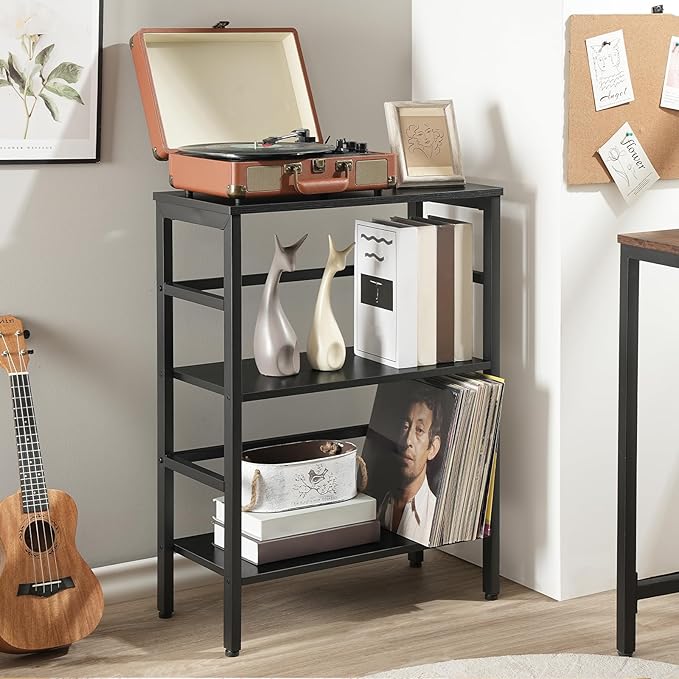 HOOBRO 3 Tier Bookshelf, Industrial Bookcase, Record Storage Rack with Side Fence, Wood Storage Shelf with Metal Frame, Rustic Open Display Shelf for Living Room, Bedroom, Black BB86CJ01