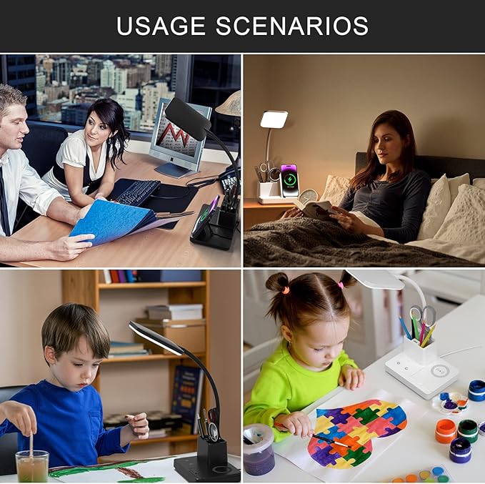 Desk Lamp with Wireless Charger USB Charging Port, Eye-Caring Desk Lamp for Home Office with Pen Holder, Dimmable Table Lamps 3 Color Modes
