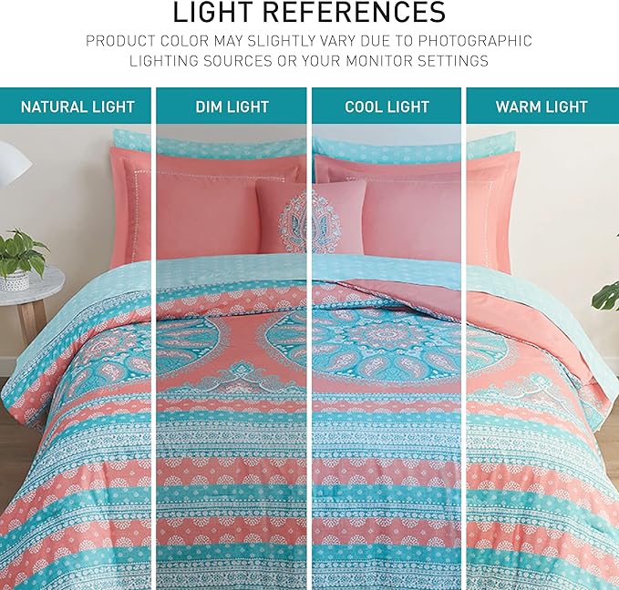 Degrees of Comfort Bed in A Bag Queen Size, Boho Mandala 8 Piece Complete Comforter Sets with Sheet for Women, Microfiber Bohemian Colorful Bedding Set, Matching Decorative Pillow, Coral