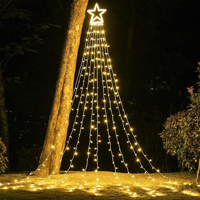 PUHONG Christmas Decoration Outdoor Star String Lights,16.4Ft Christmas Tree Toppers Lights 320 LED 8 Memory Modes with 14" Lighted Star for Halloween Christmas New Year Holiday Birthday(Warm White)
