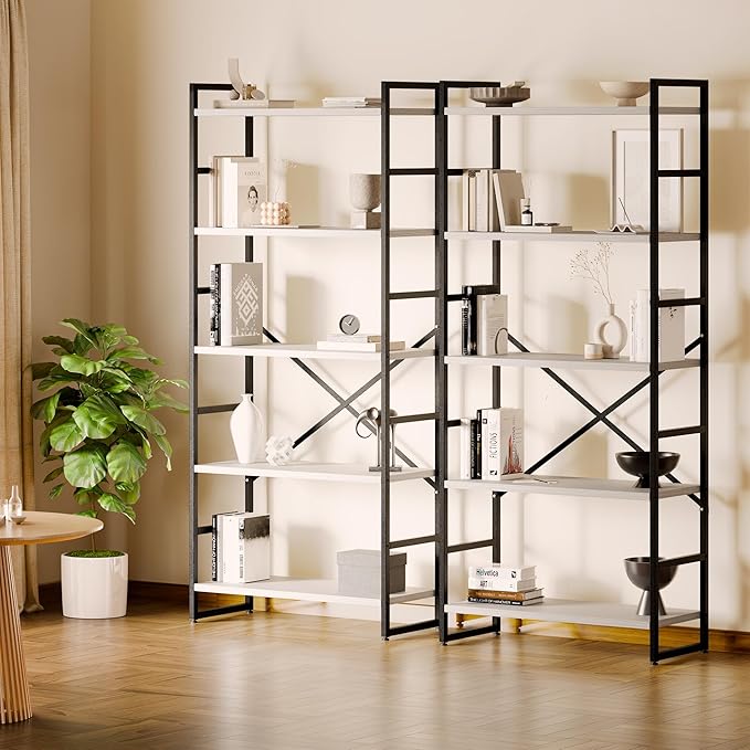 Shintenchi 2 Pieces 5 Tiers Bookshelf, Classically Tall Bookcase Shelf, Industrial Book Rack, Modern Book Holder in Bedroom/Living Room/Home/Office, Storage Rack Shelves for Books/Movies-White