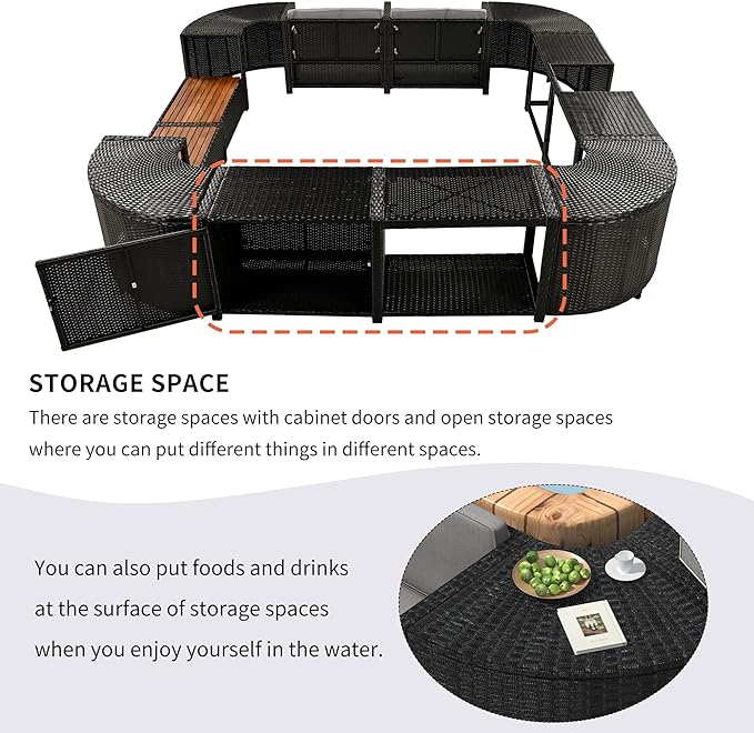 Outdoor Spa Surround Set Patio Furniture with Storage Space, Wood Seatings and Waterproof Cushions, Quadrilateral Rattan Sectional Sofa, for Backyard Deck Poolside, Onesize, Grey