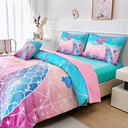 RYNGHIPY Kids Girls Comforter Set 6Pcs, Mermaid Bed in a Bag Twin Size, Fish Tail Print Teens Girls Bedding Set, Rainbow Bedding Collections